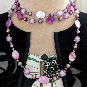 Long Purple Shell Rope Necklace Boho Layered Flapper Art Deco Style Jewelry 52"